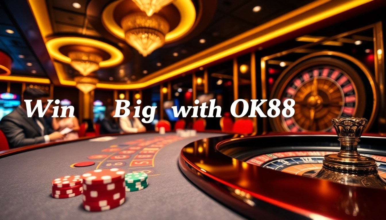 Experience the thrill of winning at OK88 in a vibrant casino with crowded tables and exciting games.